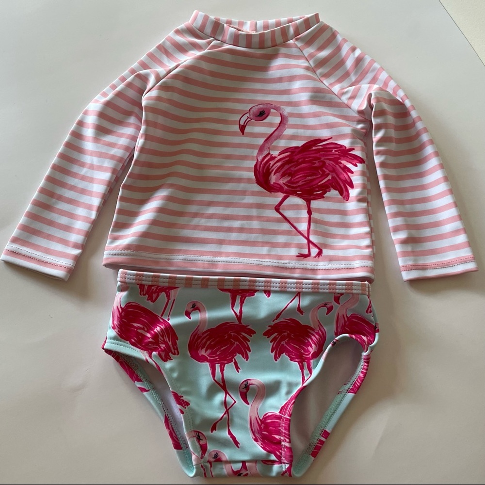 5/$25 Two Piece Long Sleeve Rash Guard Swimsuit Flamingo Baby Size 9 months